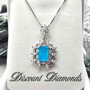 Neon Blue Paraiba Tourmaline & White Baguette Diamond Pendant Necklace 925